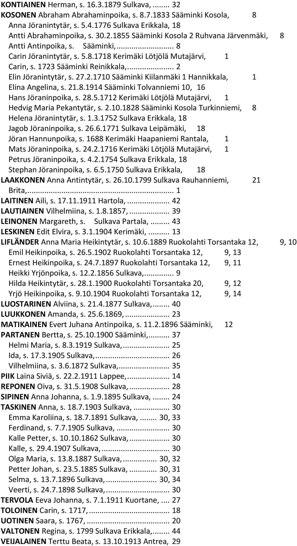 21.8.1914 Sääminki Tolvanniemi 10, 16 Hans Jöraninpoika, s. 28.5.1712 Kerimäki Lötjölä Mutajärvi, 1 Hedvig Maria Pekantytär, s. 2.10.1828 Sääminki Kosola Turkinniemi, 8 Helena Jöranintytär, s. 1.3.