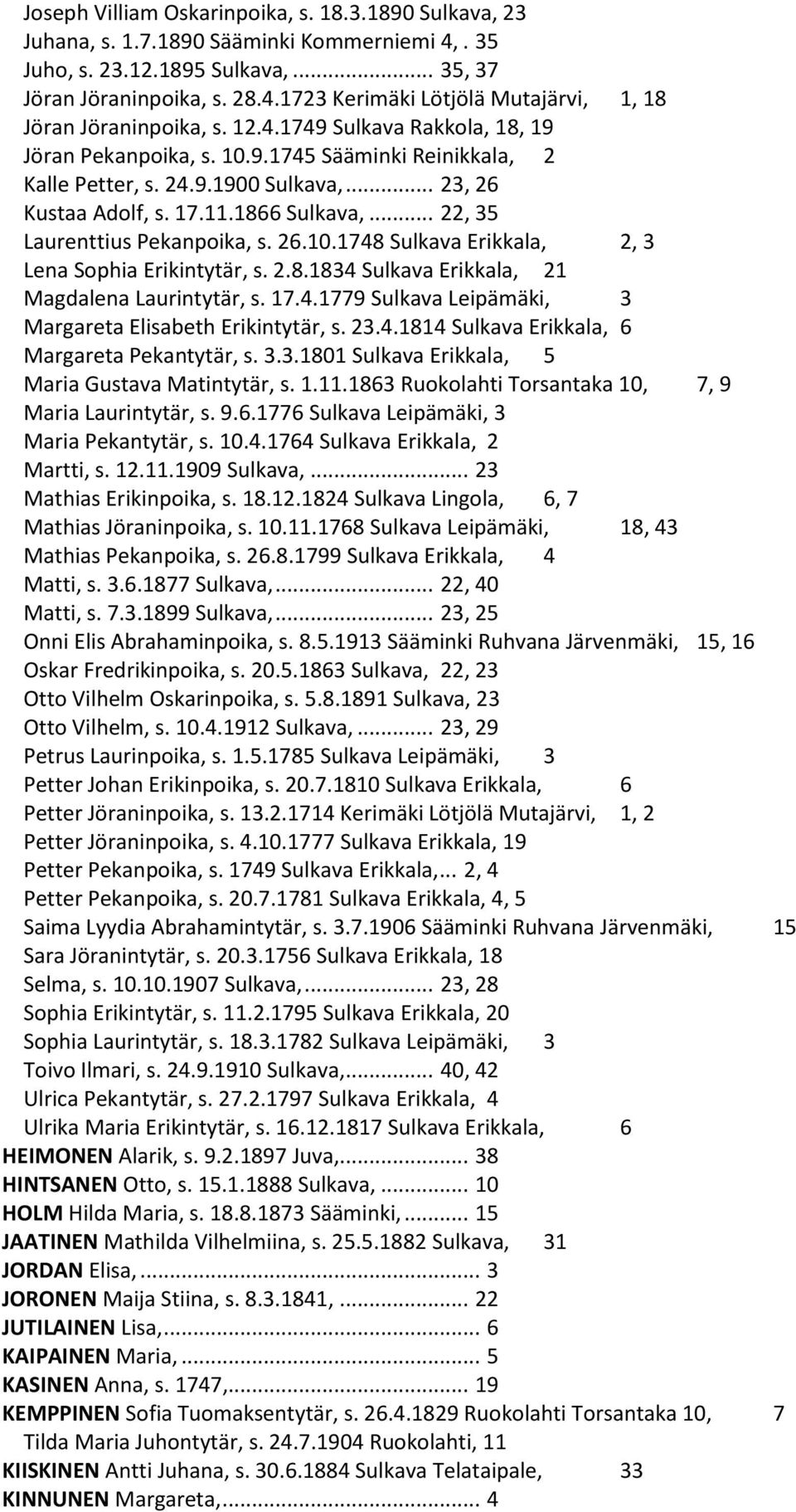 .. 22, 35 Laurenttius Pekanpoika, s. 26.10.1748 Sulkava Erikkala, 2, 3 Lena Sophia Erikintytär, s. 2.8.1834 Sulkava Erikkala, 21 Magdalena Laurintytär, s. 17.4.1779 Sulkava Leipämäki, 3 Margareta Elisabeth Erikintytär, s.