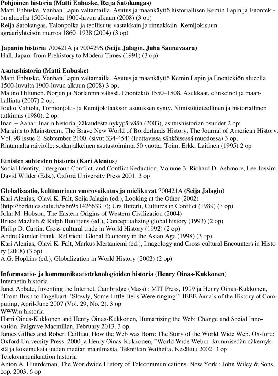 Kemijokisuun agraariyhteisön murros 1860 1938 (2004) (3 op) Japanin historia 700421A ja 700429S (Seija Jalagin, Juha Saunavaara) Hall, Japan: from Prehistory to Modern Times (1991) (3 op)