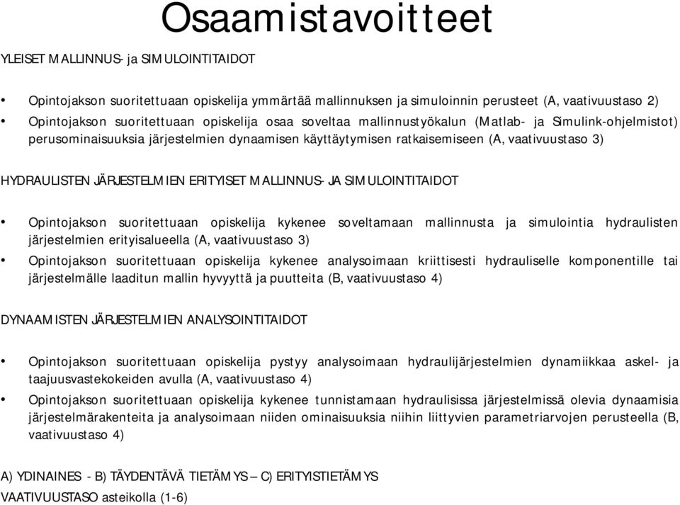 ERITYISET MALLINNUS- JA SIMULOINTITAIDOT Opintojakson suoritettuaan opiskelija kykenee soveltamaan mallinnusta ja simulointia hydraulisten järjestelmien erityisalueella (A, vaativuustaso 3)