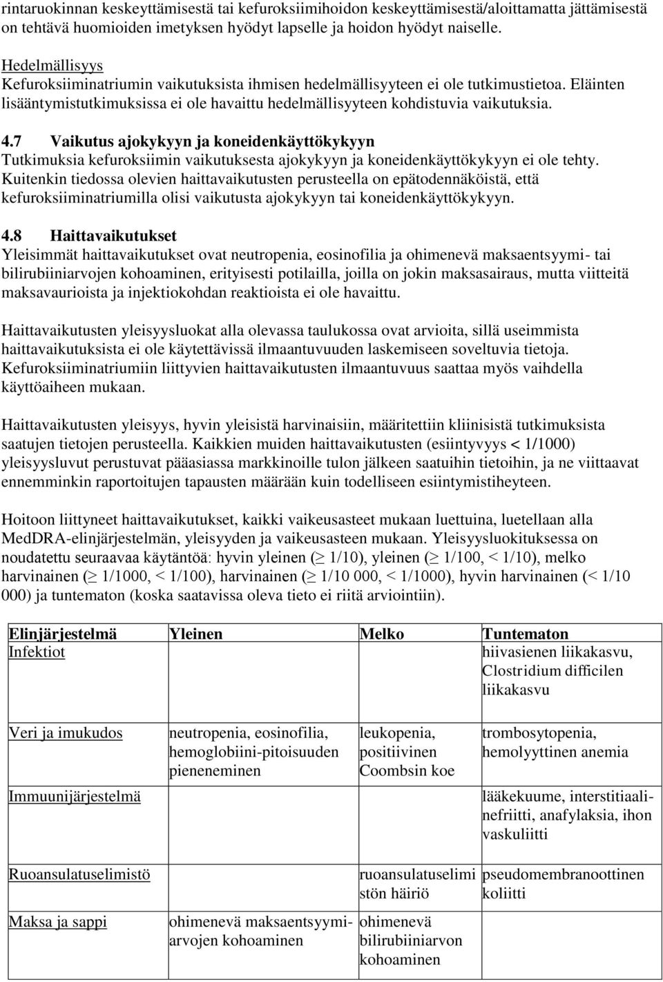 7 Vaikutus ajokykyyn ja koneidenkäyttökykyyn Tutkimuksia kefuroksiimin vaikutuksesta ajokykyyn ja koneidenkäyttökykyyn ei ole tehty.