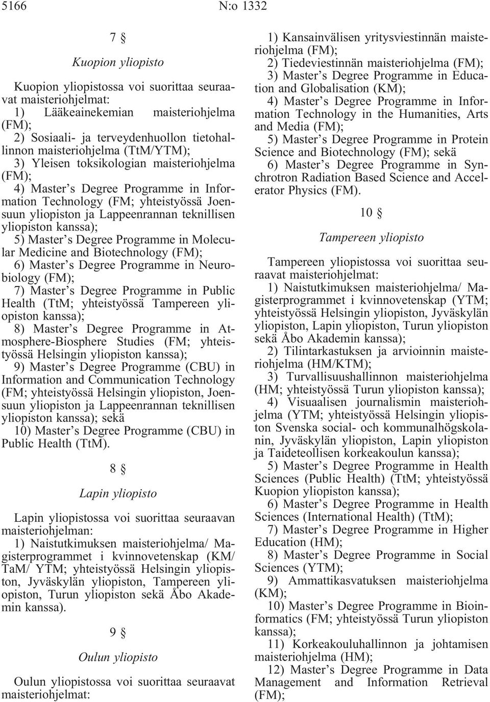 Degree Programme in Molecular Medicine and Biotechnology (FM); 6) Master s Degree Programme in Neurobiology (FM); 7) Master s Degree Programme in Public Health (TtM; yhteistyössä Tampereen yliopiston