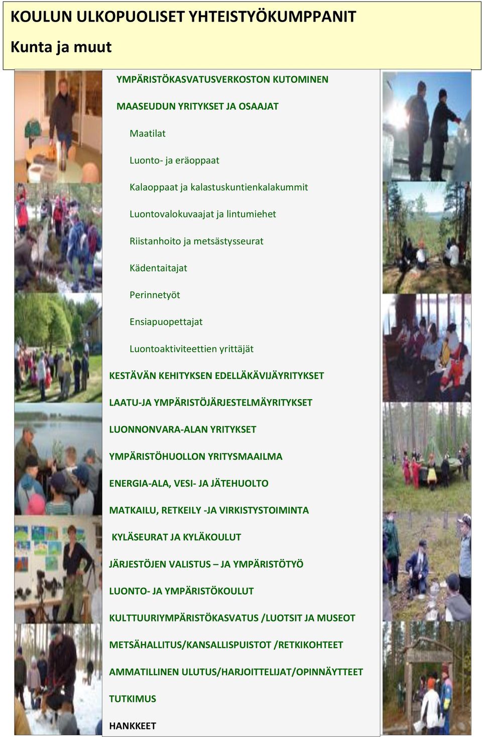 YMPÄRISTÖJÄRJESTELMÄYRITYKSET LUONNONVARA-ALAN YRITYKSET YMPÄRISTÖHUOLLON YRITYSMAAILMA ENERGIA-ALA, VESI- JA JÄTEHUOLTO MATKAILU, RETKEILY -JA VIRKISTYSTOIMINTA KYLÄSEURAT JA KYLÄKOULUT