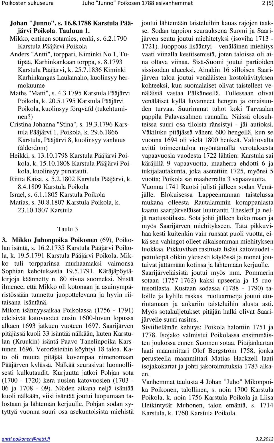 ) Cristina Johanna "Stina", s. 19.3.1796 Karstula Pääjärvi 1, Poikola, k. 29.6.1866 Karstula, Pääjärvi 8, kuolinsyy vanhuus (ålderdom) Heikki, s. 13.10.