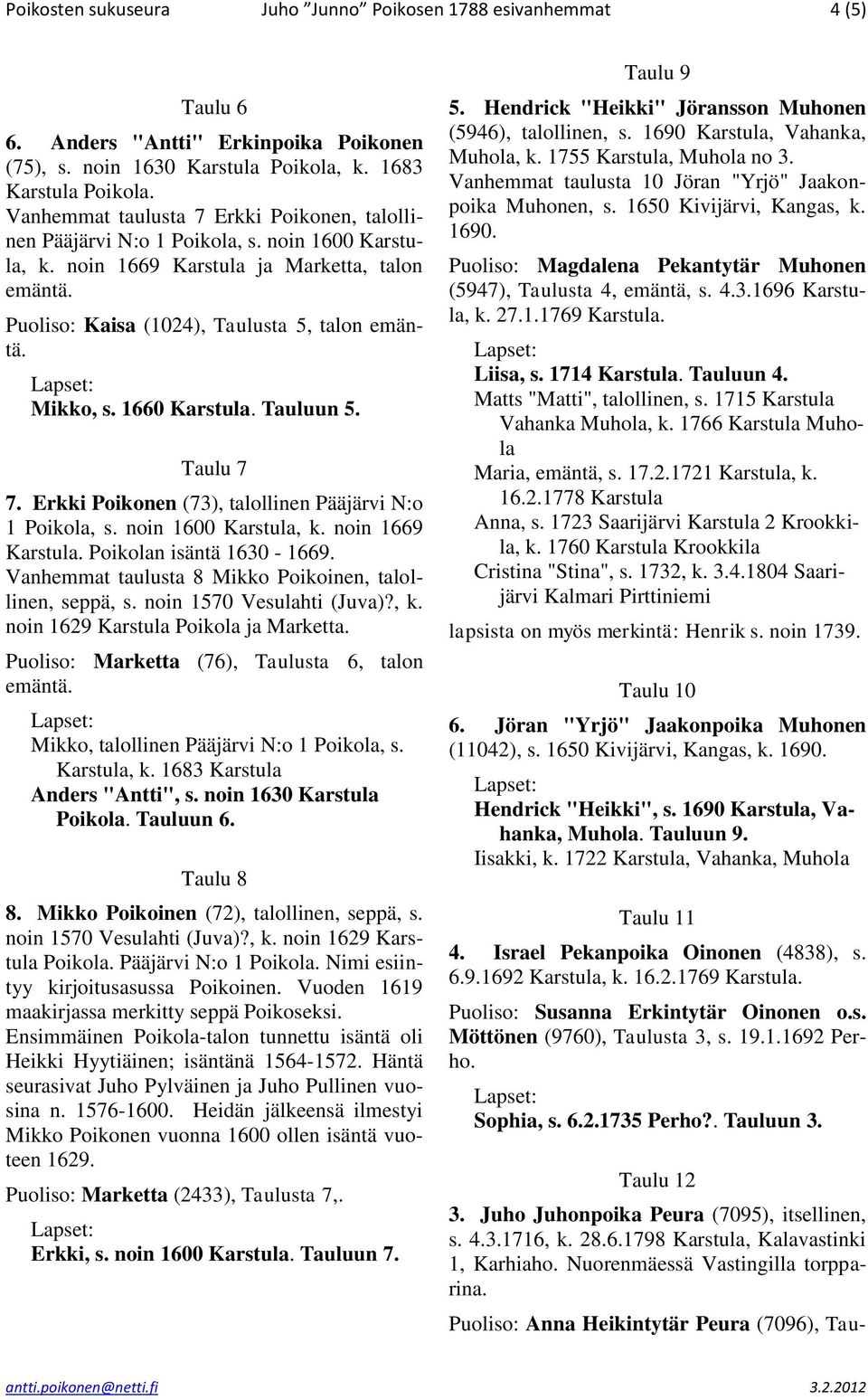 Mikko, s. 1660 Karstula. Tauluun 5. Taulu 7 7. Erkki Poikonen (73), talollinen Pääjärvi N:o 1 Poikola, s. noin 1600 Karstula, k. noin 1669 Karstula. Poikolan isäntä 1630-1669.