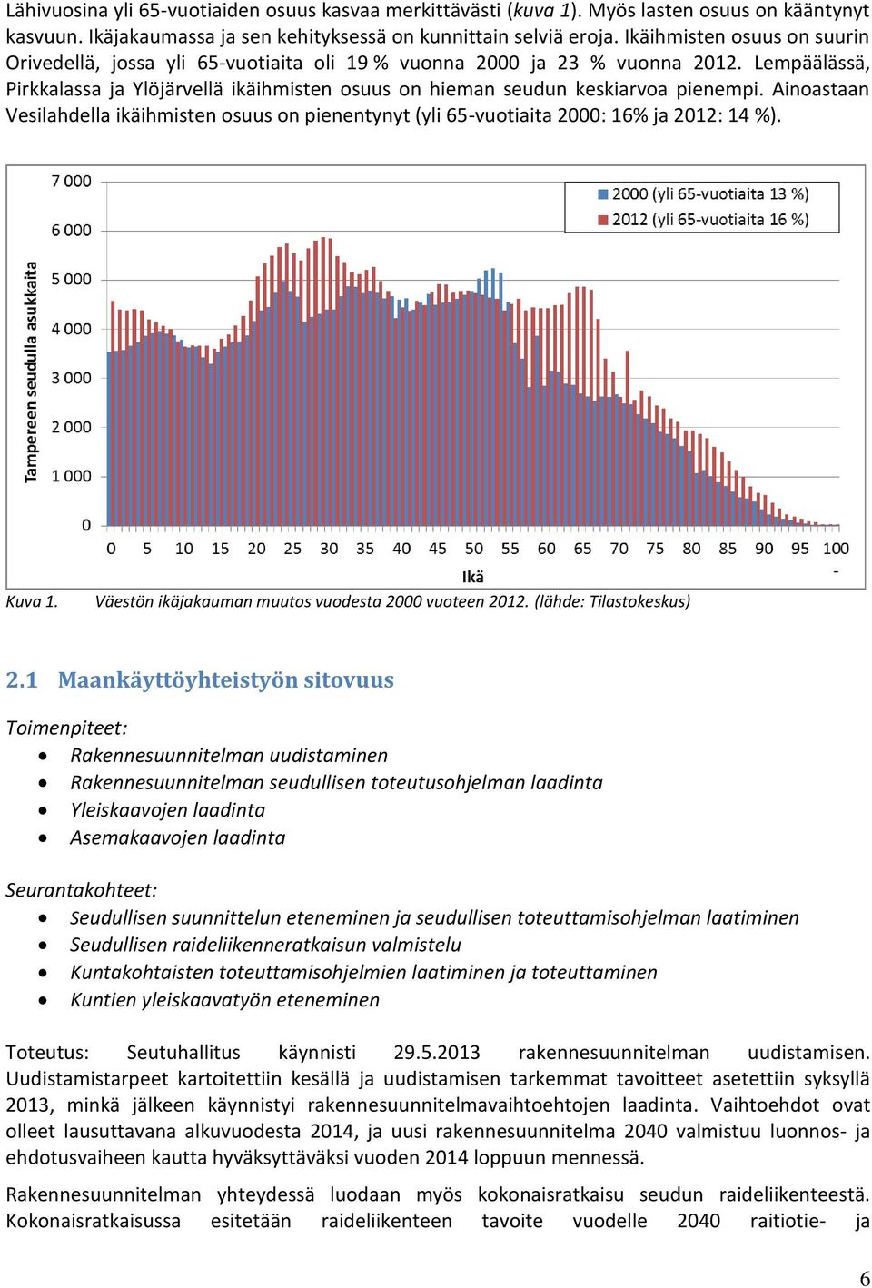 Ainoastaan Vesilahdella ikäihmisten osuus on pienentynyt (yli 65-vuotiaita 2000: 16% ja 2012: 14 %). Kuva 1. Väestön ikäjakauman muutos vuodesta 2000 vuoteen 2012. (lähde: Tilastokeskus) 2.