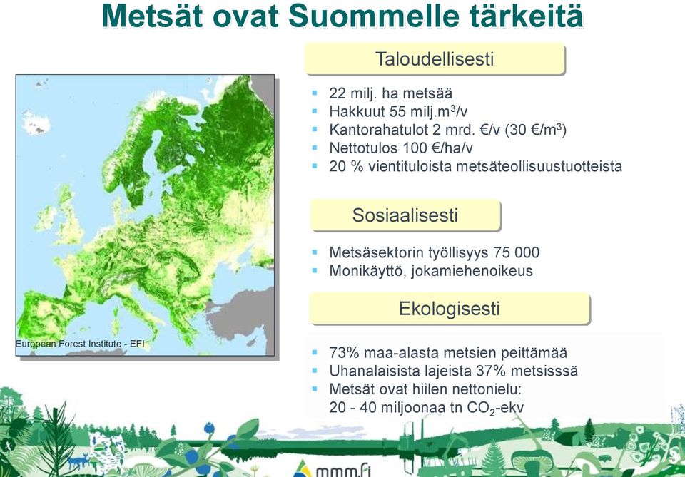 työllisyys 75 000 Monikäyttö, jokamiehenoikeus Ekologisesti European Forest Institute - EFI 73% maa-alasta