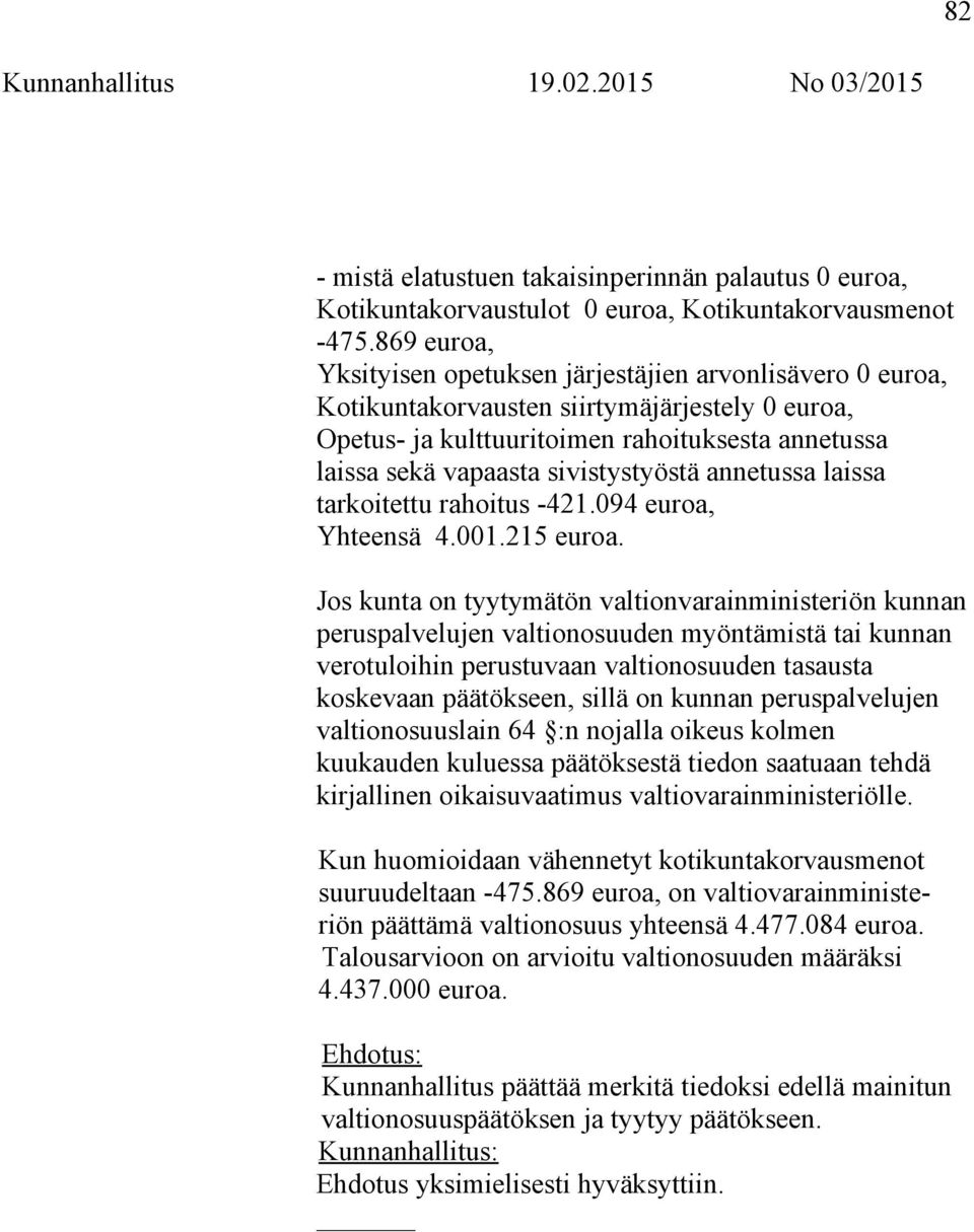 sivistystyöstä annetussa laissa tarkoitettu rahoitus -421.094 euroa, Yhteensä 4.001.215 euroa.