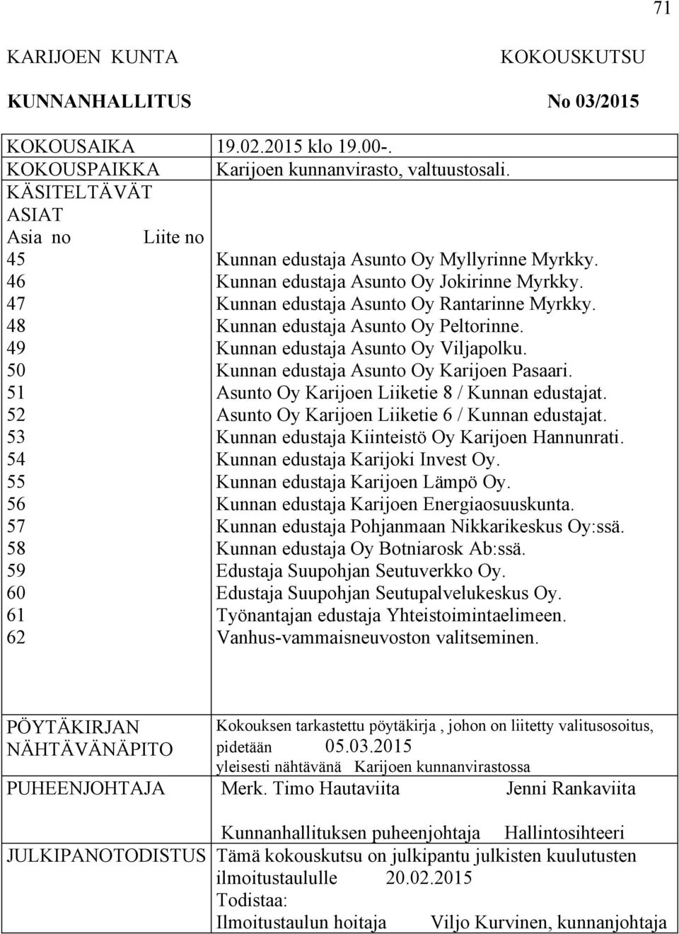 48 Kunnan edustaja Asunto Oy Peltorinne. 49 Kunnan edustaja Asunto Oy Viljapolku. 50 Kunnan edustaja Asunto Oy Karijoen Pasaari. 51 Asunto Oy Karijoen Liiketie 8 / Kunnan edustajat.