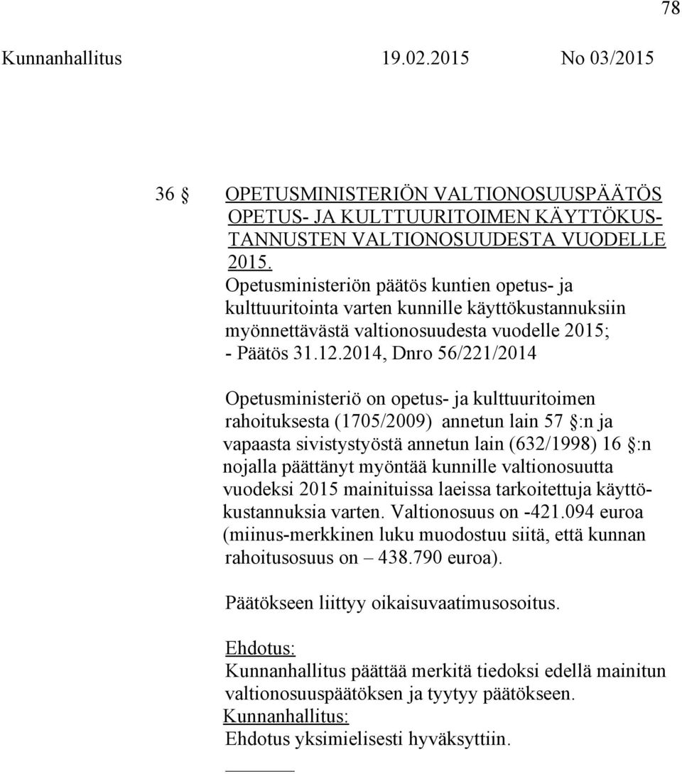 2014, Dnro 56/221/2014 Opetusministeriö on opetus- ja kulttuuritoimen rahoituksesta (1705/2009) annetun lain 57 :n ja vapaasta sivistystyöstä annetun lain (632/1998) 16 :n nojalla päättänyt myöntää
