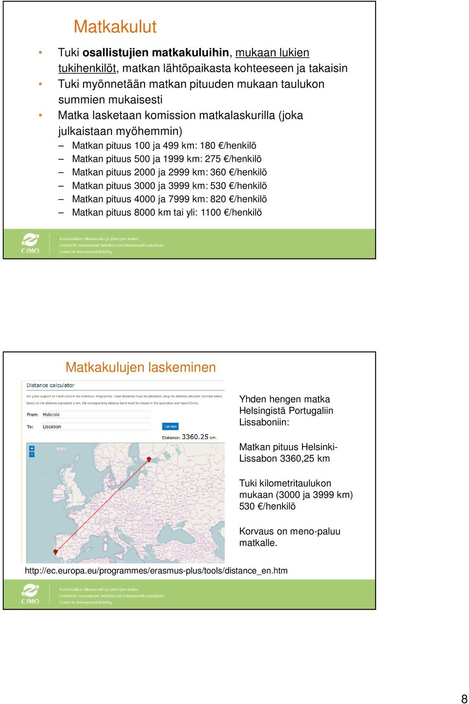 3000 ja 3999 km: 530 /henkilö Matkan pituus 4000 ja 7999 km: 820 /henkilö Matkan pituus 8000 km tai yli: 1100 /henkilö Matkakulujen laskeminen Yhden hengen matka Helsingistä Portugaliin Lissaboniin: