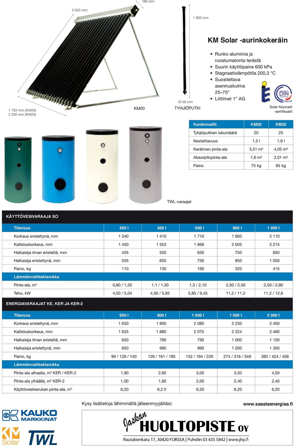 Absorptiopinta-ala 1,6 m² 2,01 m² Paino 73 kg 85 kg TWL-varaajat käyttövesivaraaja so Tilavuus 200 l 300 l 500 l 800 l 1 000 l Korkeus eristettynä, mm 1 340 1 410 1 710 1 900 2 110 Kallistuskorkeus,