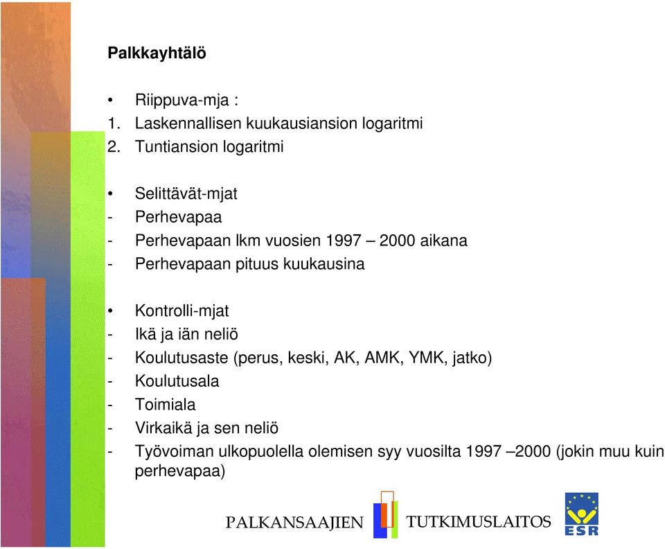 Perhevapaan pituus kuukausina Kontrolli-mjat - Ikä ja iän neliö - Koulutusaste (perus, keski, AK, AMK,