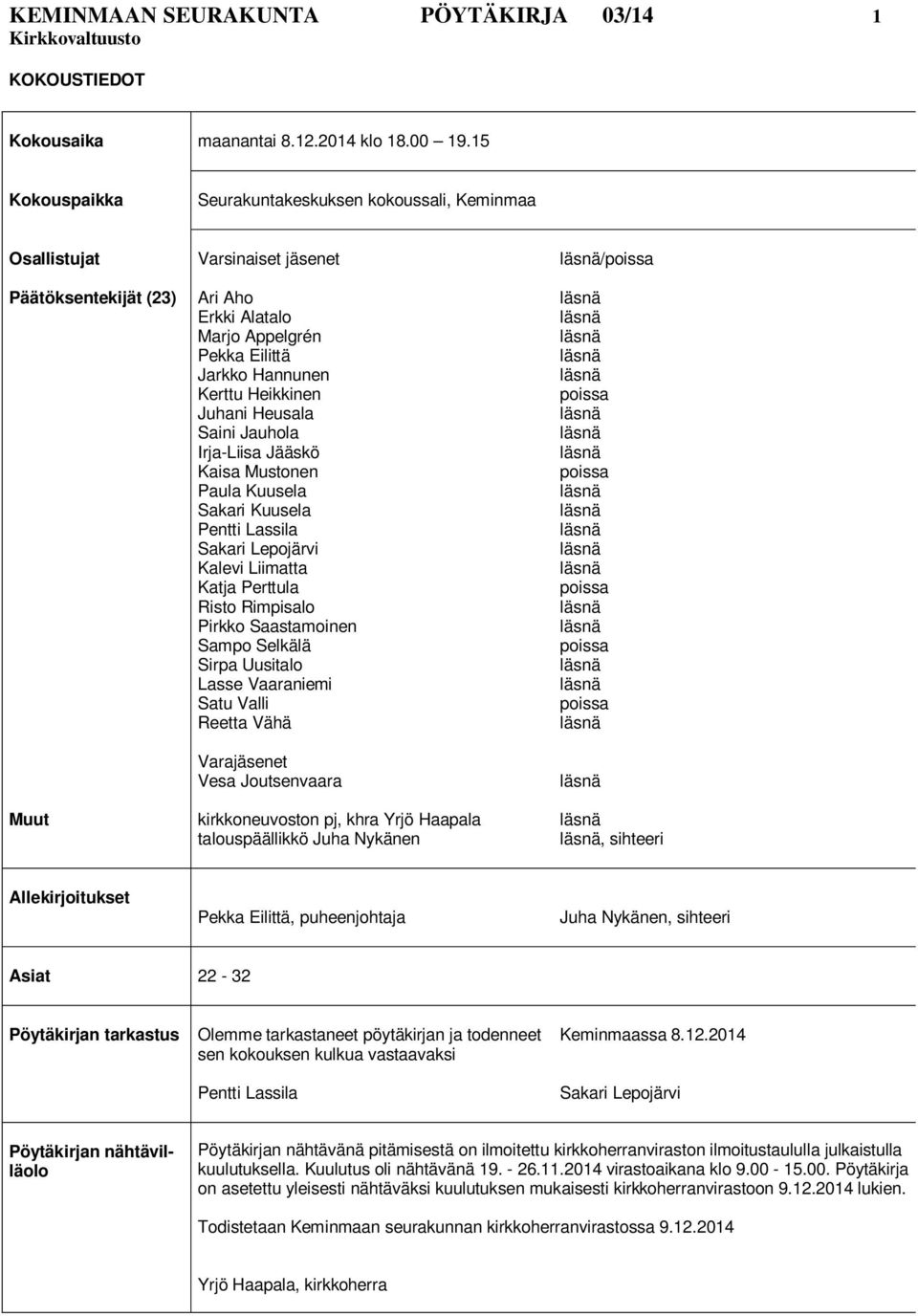 Heikkinen Juhani Heusala Saini Jauhola Irja-Liisa Jääskö Kaisa Mustonen Paula Kuusela Sakari Kuusela Pentti Lassila Sakari Lepojärvi Kalevi Liimatta Katja Perttula Risto Rimpisalo Pirkko Saastamoinen