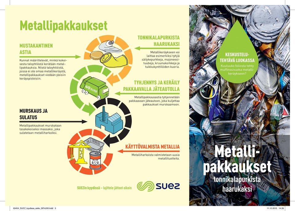 MURSKAUS JA SULATUS Metallipakkaukset murskataan tasakokoiseksi massaksi, joka sulatetaan metalliharkoiksi.