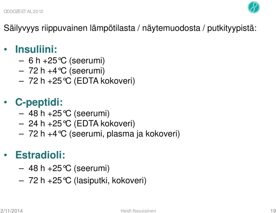 kokoveri) C-peptidi: 48 h +25 C (seerumi) 24 h +25 C (EDTA kokoveri) 72 h +4 C