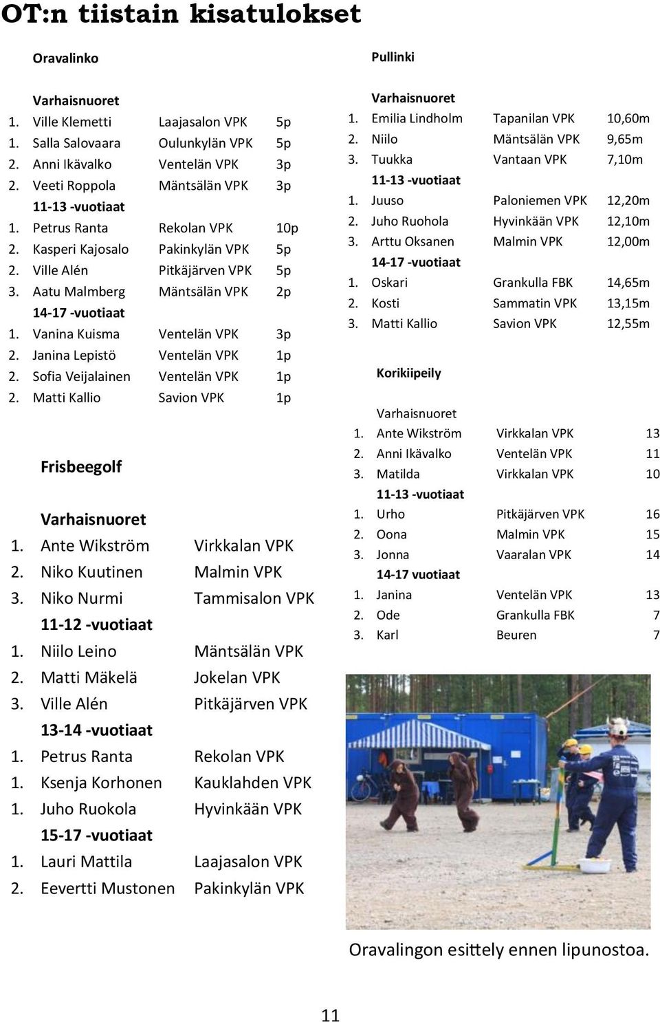 Aatu Malmberg Mäntsälän VPK 2p 14-17 -vuotiaat 1. Vanina Kuisma Ventelän VPK 3p 2. Janina Lepistö Ventelän VPK 1p 2. Sofia Veijalainen Ventelän VPK 1p 2.