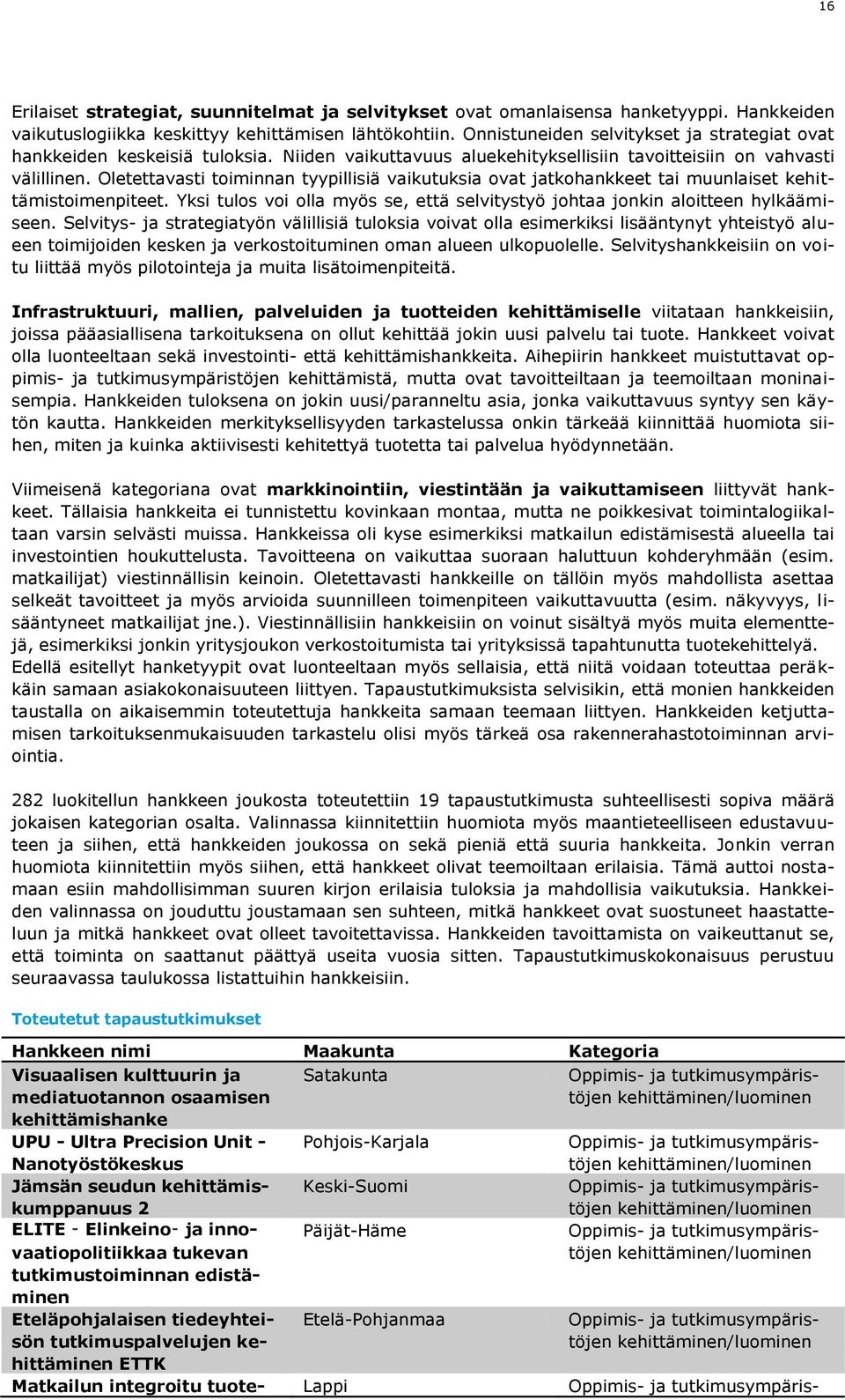 Oletettavasti toiminnan tyypillisiä vaikutuksia ovat jatkohankkeet tai muunlaiset kehittämistoimenpiteet. Yksi tulos voi olla myös se, että selvitystyö johtaa jonkin aloitteen hylkäämiseen.