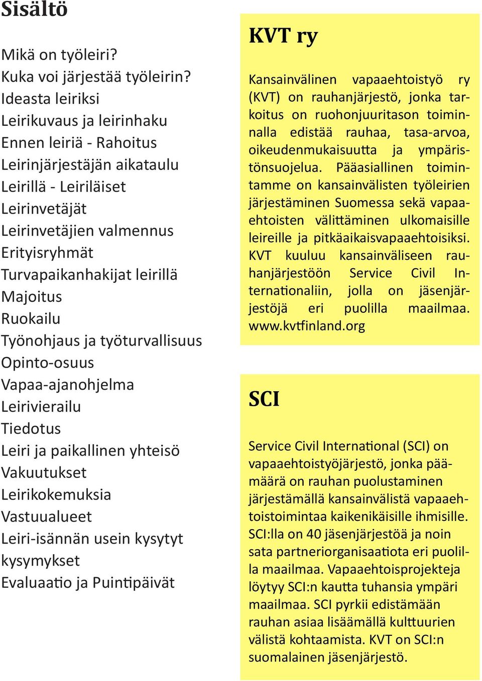 Majoitus Ruokailu Työnohjaus ja työturvallisuus Opinto-osuus Vapaa-ajanohjelma Leirivierailu Tiedotus Leiri ja paikallinen yhteisö Vakuutukset Leirikokemuksia Vastuualueet Leiri-isännän usein kysytyt