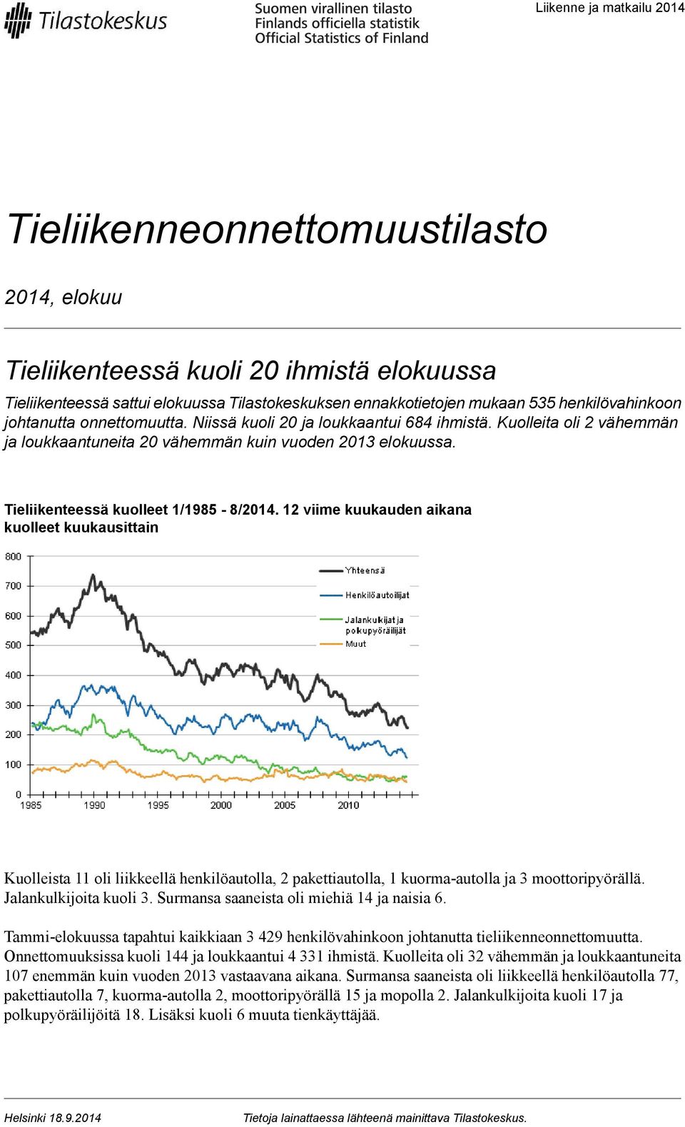 viime kuukauden aikana kuolleet kuukausittain Kuolleista oli liikkeellä henkilöautolla, pakettiautolla, kuorma-autolla ja moottoripyörällä. Jalankulkijoita kuoli.