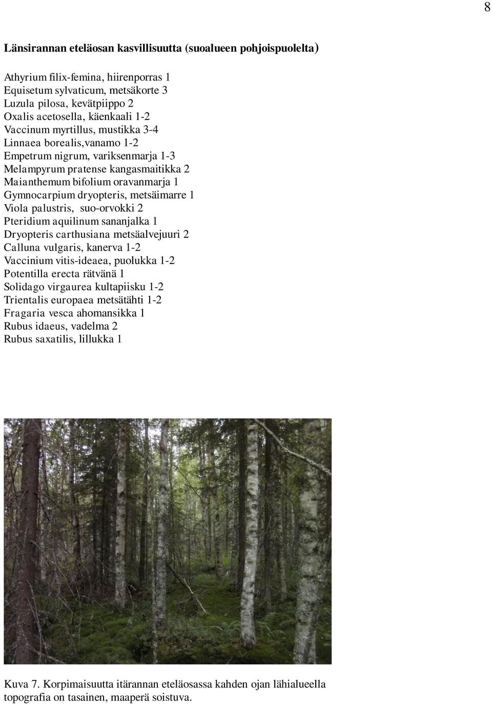 metsäimarre 1 Viola palustris, suo-orvokki 2 Pteridium aquilinum sananjalka 1 Dryopteris carthusiana metsäalvejuuri 2 Calluna vulgaris, kanerva 1-2 Vaccinium vitis-ideaea, puolukka 1-2 Potentilla