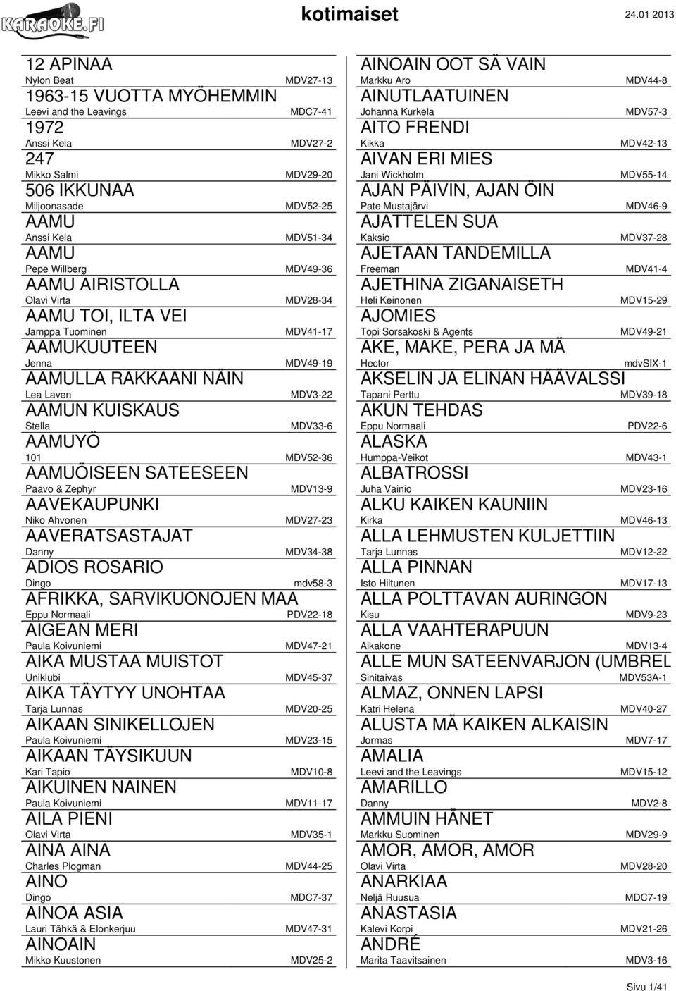 AAMUÖISEEN SATEESEEN Paavo & Zephyr AAVEKAUPUNKI Niko Ahvonen AAVERATSASTAJAT Danny ADIOS ROSARIO Dingo MDV13-9 MDV27-23 MDV34-38 mdv58-3 AFRIKKA, SARVIKUONOJEN MAA PDV22-18 AIGEAN MERI AIKA MUSTAA