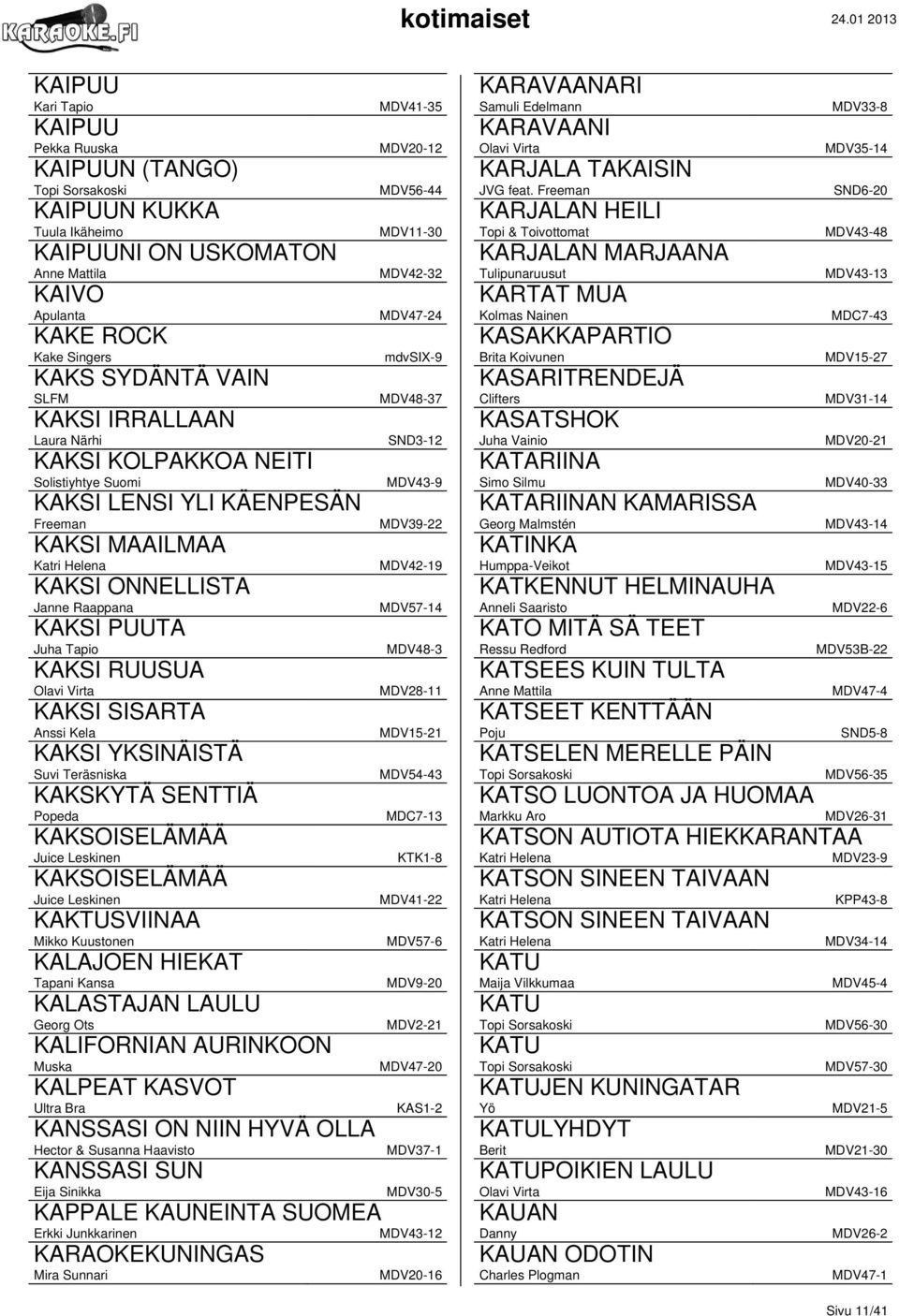 Suvi Teräsniska KAKSKYTÄ SENTTIÄ KAKSOISELÄMÄÄ KAKSOISELÄMÄÄ KAKTUSVIINAA Mikko Kuustonen KALAJOEN HIEKAT Tapani Kansa KALASTAJAN LAULU Georg Ots KALIFORNIAN AURINKOON Muska KALPEAT KASVOT Ultra Bra