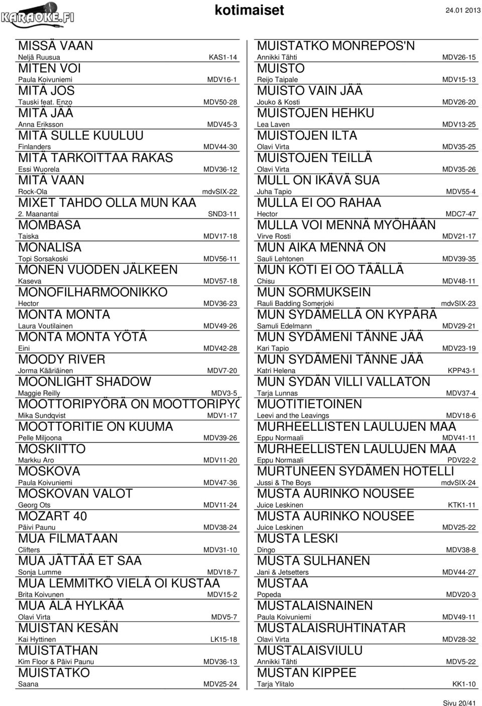 Maanantai SND3-11 MOMBASA Taiska MONALISA MONEN VUODEN JÄLKEEN Kaseva MONOFILHARMOONIKKO Hector MONTA MONTA Laura Voutilainen MONTA MONTA YÖTÄ Eini MOODY RIVER Jorma Kääriäinen MDV17-18 MDV56-11