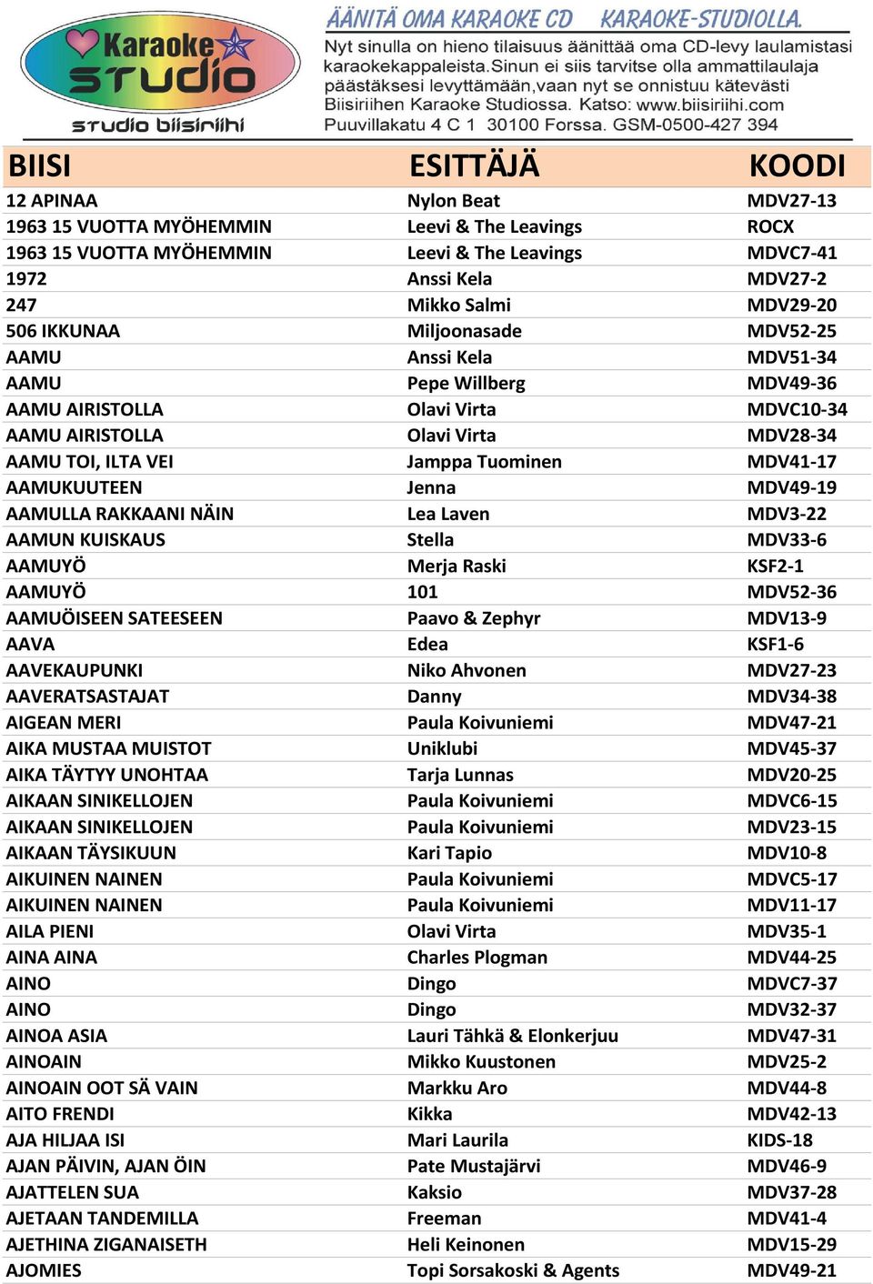 AAMUKUUTEEN Jenna MDV49-19 AAMULLA RAKKAANI NÄIN Lea Laven MDV3-22 AAMUN KUISKAUS Stella MDV33-6 AAMUYÖ Merja Raski KSF2-1 AAMUYÖ 101 MDV52-36 AAMUÖISEEN SATEESEEN Paavo & Zephyr MDV13-9 AAVA Edea