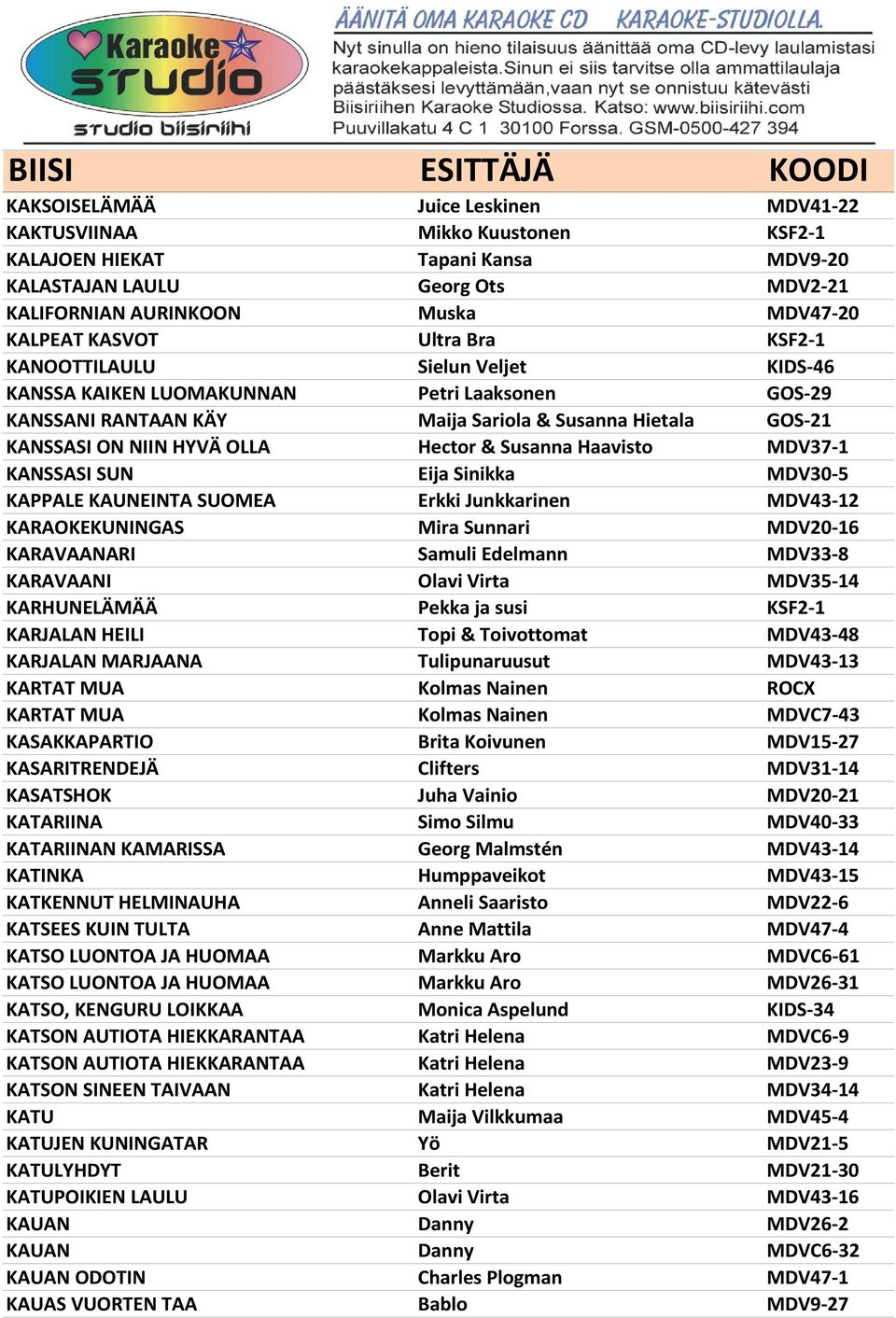 Susanna Haavisto MDV37-1 KANSSASI SUN Eija Sinikka MDV30-5 KAPPALE KAUNEINTA SUOMEA Erkki Junkkarinen MDV43-12 KARAOKEKUNINGAS Mira Sunnari MDV20-16 KARAVAANARI Samuli Edelmann MDV33-8 KARAVAANI