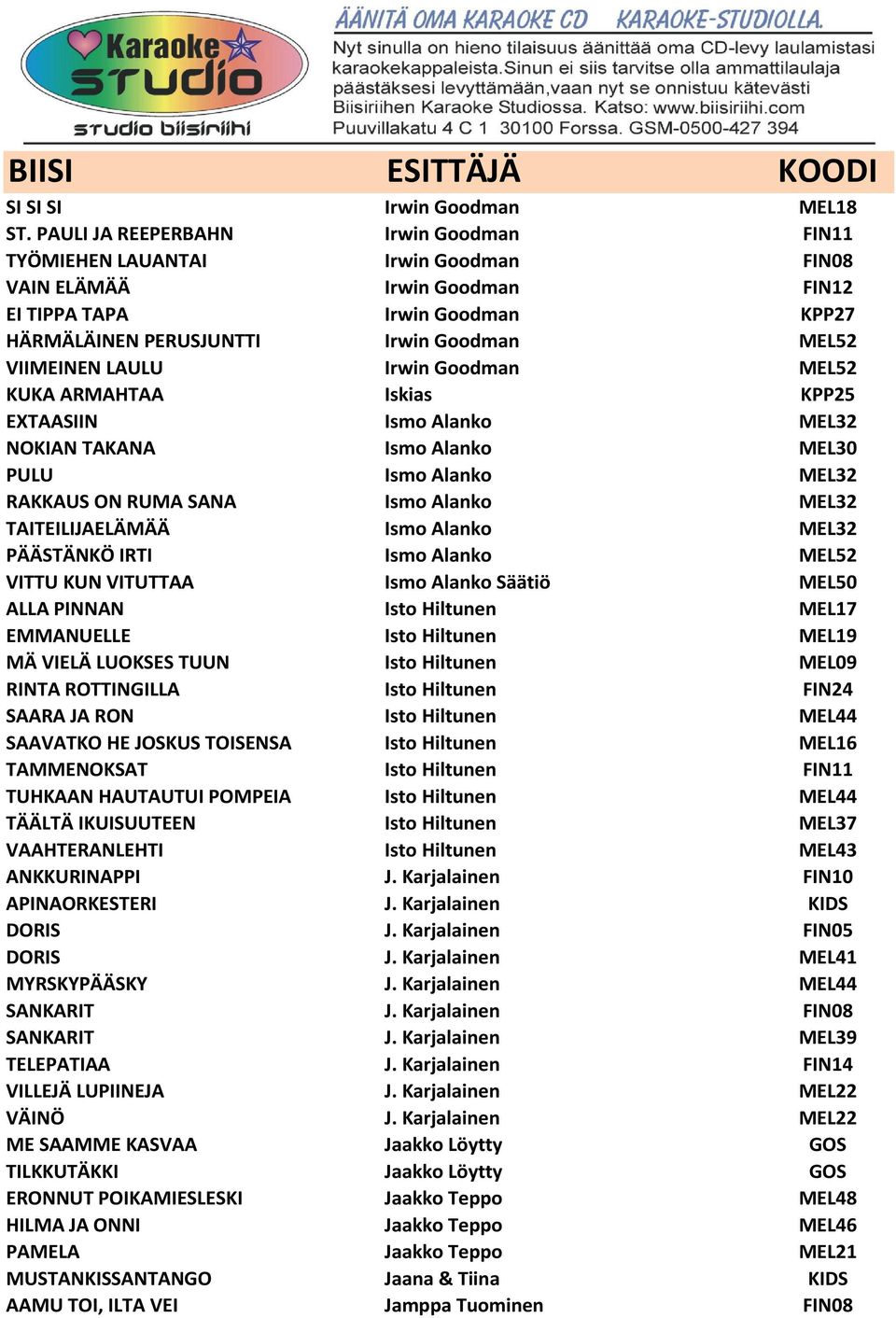 LAULU Irwin Goodman MEL52 KUKA ARMAHTAA Iskias KPP25 EXTAASIIN Ismo Alanko MEL32 NOKIAN TAKANA Ismo Alanko MEL30 PULU Ismo Alanko MEL32 RAKKAUS ON RUMA SANA Ismo Alanko MEL32 TAITEILIJAELÄMÄÄ Ismo