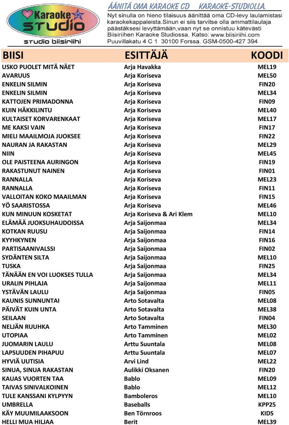 OLE PAISTEENA AURINGON Arja Koriseva FIN19 RAKASTUNUT NAINEN Arja Koriseva FIN01 RANNALLA Arja Koriseva MEL23 RANNALLA Arja Koriseva FIN11 VALLOITAN KOKO MAAILMAN Arja Koriseva FIN15 YÖ SAARISTOSSA