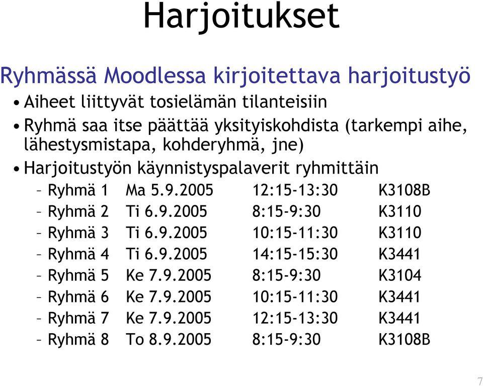 2005 12:15-13:30 K3108B Ryhmä 2 Ti 6.9.2005 8:15-9:30 K3110 Ryhmä 3 Ti 6.9.2005 10:15-11:30 K3110 Ryhmä 4 Ti 6.9.2005 14:15-15:30 K3441 Ryhmä 5 Ke 7.