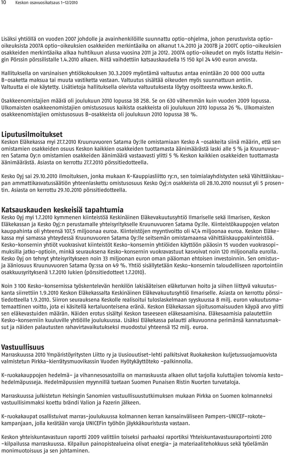 2007A optio-oikeudet on myös listattu Helsingin Pörssin pörssilistalle 1.4. alkaen. Niitä vaihdettiin katsauskaudella 15 150 kpl 24 490 euron arvosta. Hallituksella on varsinaisen yhtiökokouksen 30