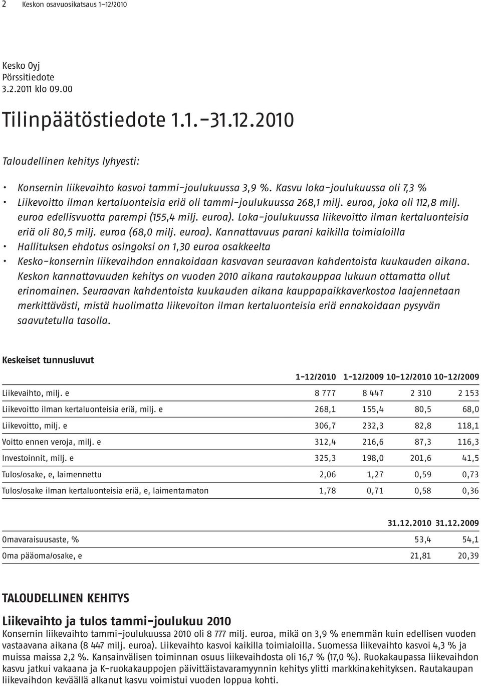 Loka-joulukuussa liikevoitto ilman kertaluonteisia eriä oli 80,5 milj. euroa (68,0 milj. euroa).