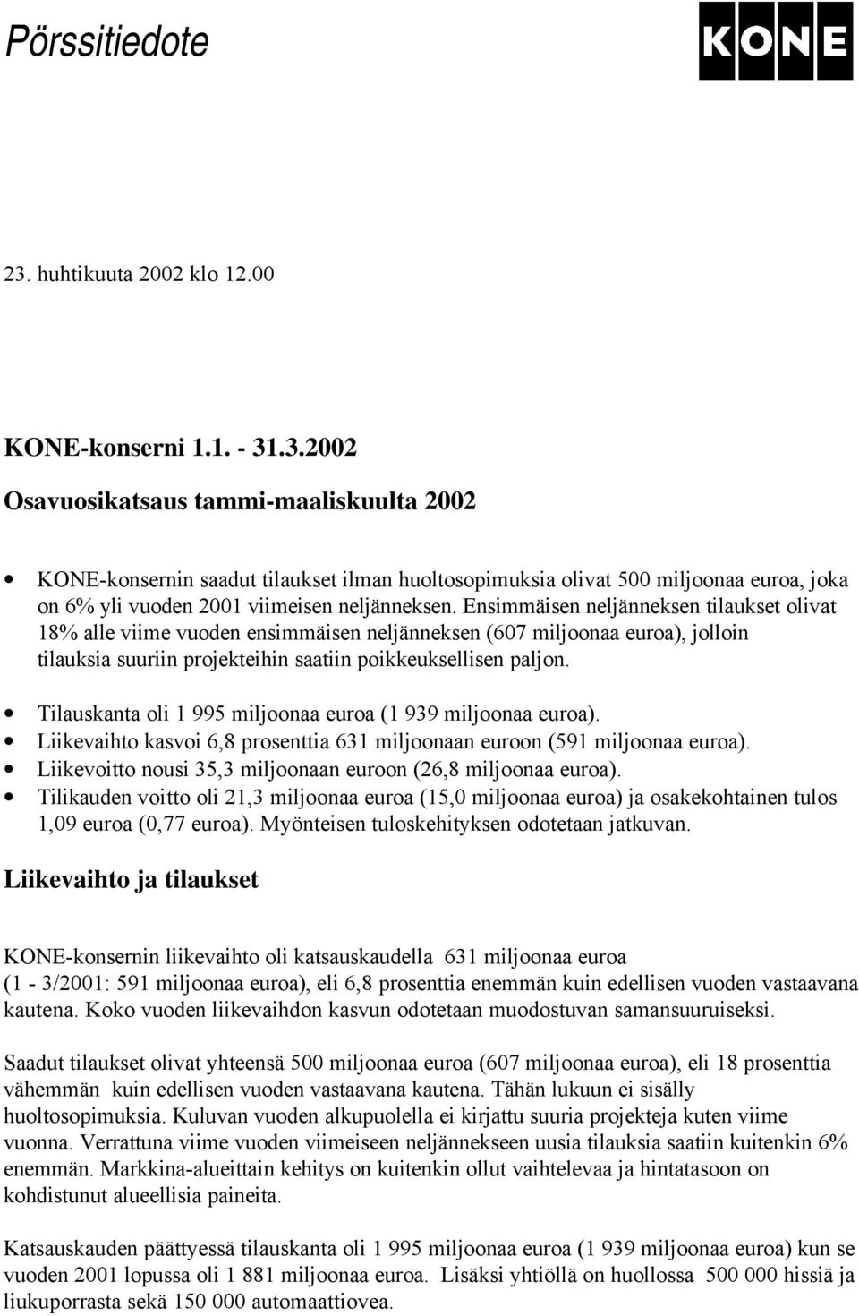 Tilauskanta oli 1 995 miljoonaa euroa (1 939 miljoonaa euroa). Liikevaihto kasvoi 6,8 prosenttia 631 miljoonaan euroon (591 miljoonaa euroa).