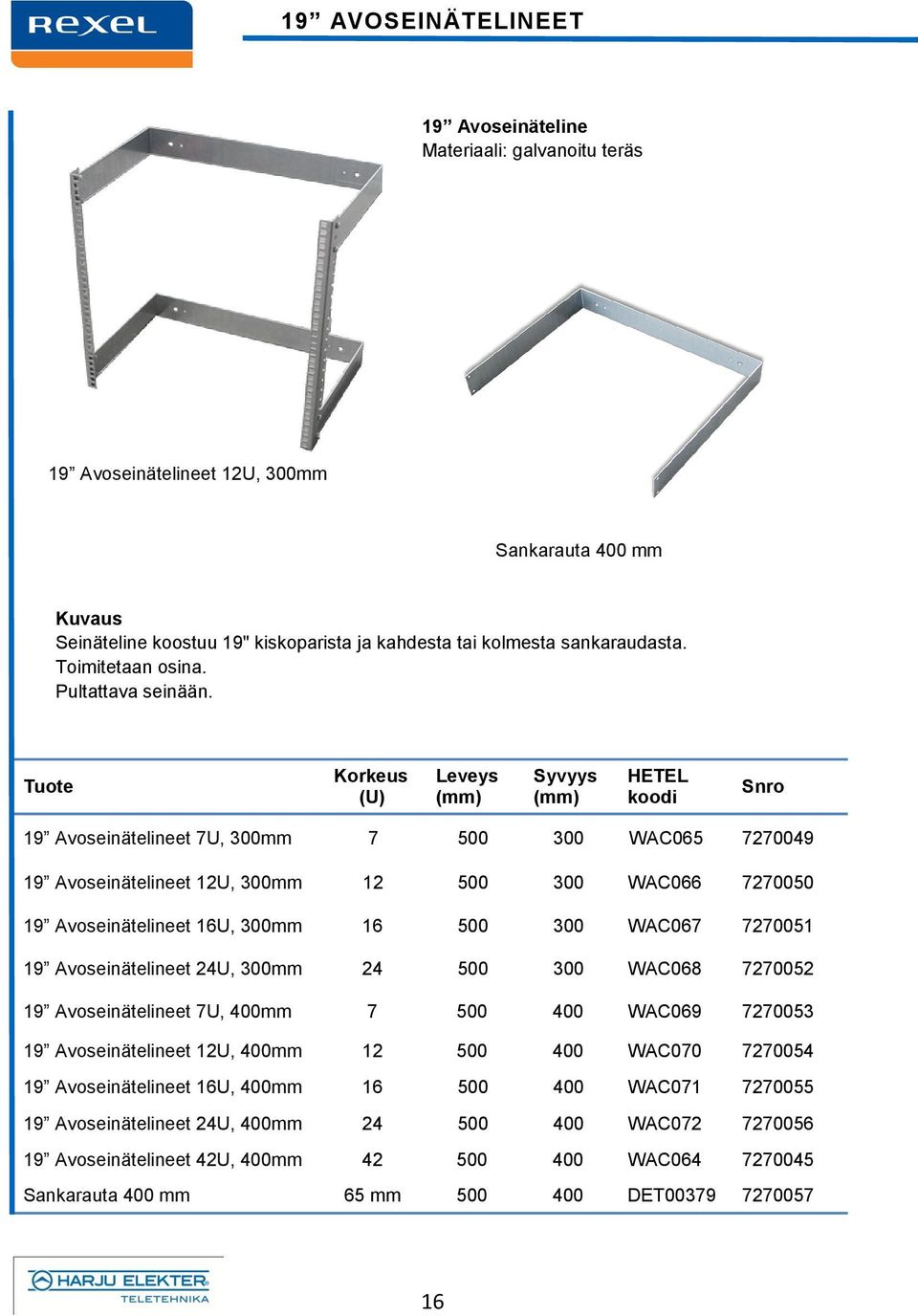 (U) 19 Avoseinätelineet 7U, 300mm 7 500 300 WAC065 7270049 19 Avoseinätelineet 12U, 300mm 12 500 300 WAC066 7270050 19 Avoseinätelineet 16U, 300mm 16 500 300 WAC067 7270051 19 Avoseinätelineet 24U,