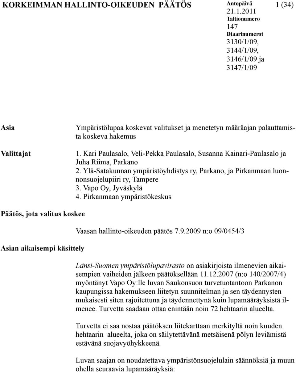 Kari Paulasalo, Veli-Pekka Paulasalo, Susanna Kainari-Paulasalo ja Juha Riima, Parkano 2. Ylä-Satakunnan ympäristöyhdistys ry, Parkano, ja Pirkanmaan luonnonsuojelupiiri ry, Tampere 3.