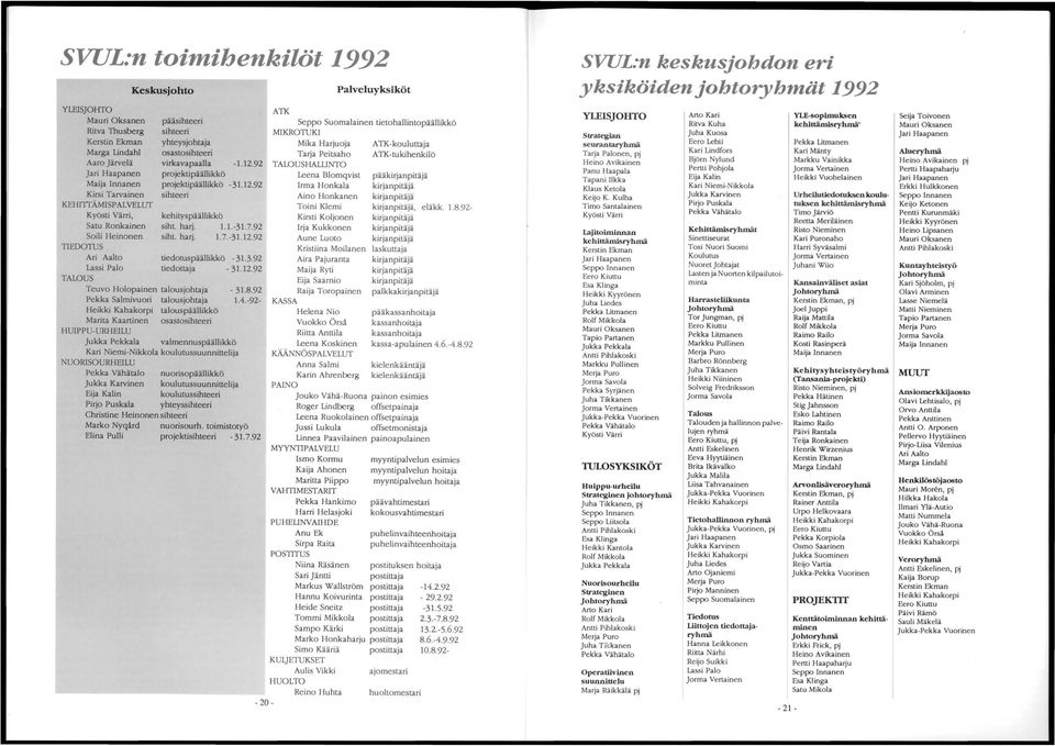 harj. 1.1. -31. 7.92 Soili Heinonen siht. harj. 1. 7.-31.12.92 TIEDOTUS Ari Aalto tiedotuspäällikkö - 31.3.92 Lassi Palo tiedottaja - 31.12.92 TALOUS Teuvo Holopainen talousjohtaja - 31.8.