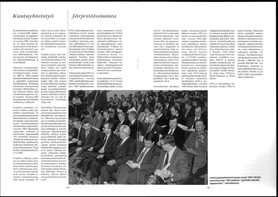 Liikunnan toimintaympäristö muuttui merkittävästi toimintavuosina. Vuosina 1989 ja 1990 etsittiin yhteistyömahdollisuuksia ja opeteltiin tuntemaan yhteistyötahoa.