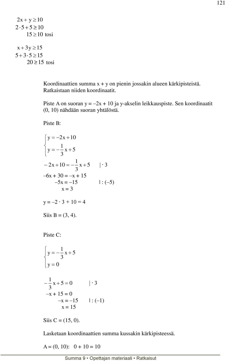 Sen koordinaatit (0, 10) nähdään suoran yhtälöstä.