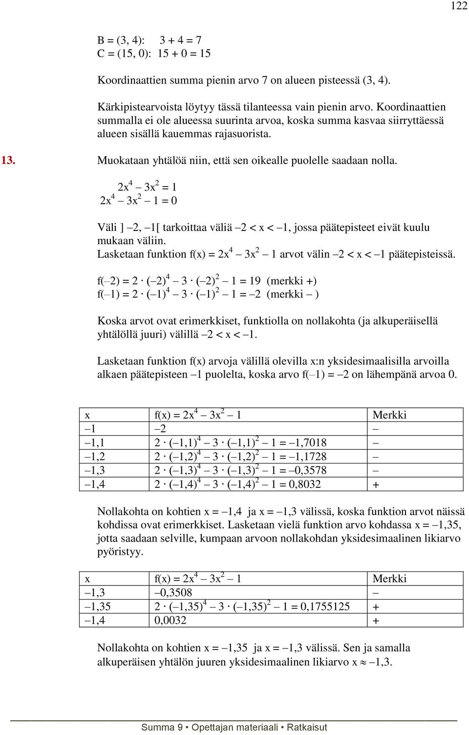 x 4 3x = 1 x 4 3x 1 = 0 Väli ], 1[ tarkoittaa väliä < x < 1, jossa päätepisteet eivät kuulu mukaan väliin. Lasketaan funktion f(x) = x 4 3x 1 arvot välin < x < 1 päätepisteissä.