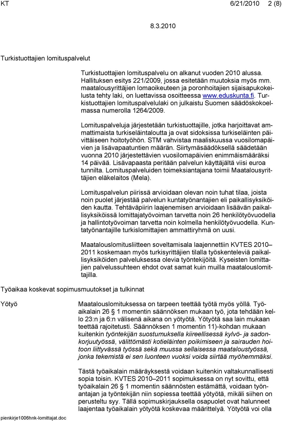 Turkistuottajien lomituspalvelulaki on julkaistu Suomen säädöskokoelmassa numerolla 1264/2009.