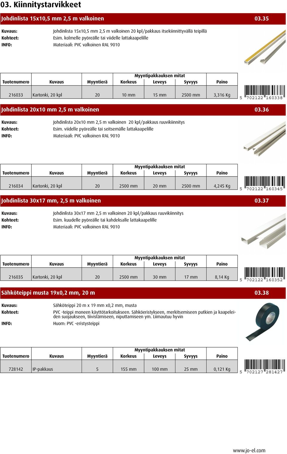 36 Johdinlista 20x10 mm 2,5 m valkoinen 20 kpl/pakkaus ruuvikiinnitys Esim.