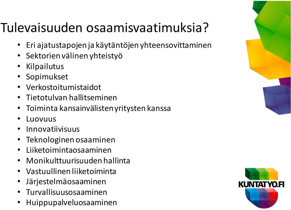 Verkostoitumistaidot Tietotulvan hallitseminen Toiminta kansainvälisten yritysten kanssa Luovuus