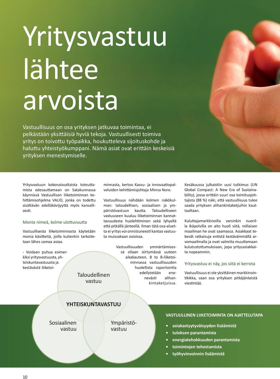 Yritysvastuun kokonaisvaltaista toteu amista edesau amaan on Satakunnassa käynnissä Vastuullisen liiketoiminnan kehi ämisohjelma VALID, jonka on tode u sisältävän edelläkävijyy ä myös kansallises.