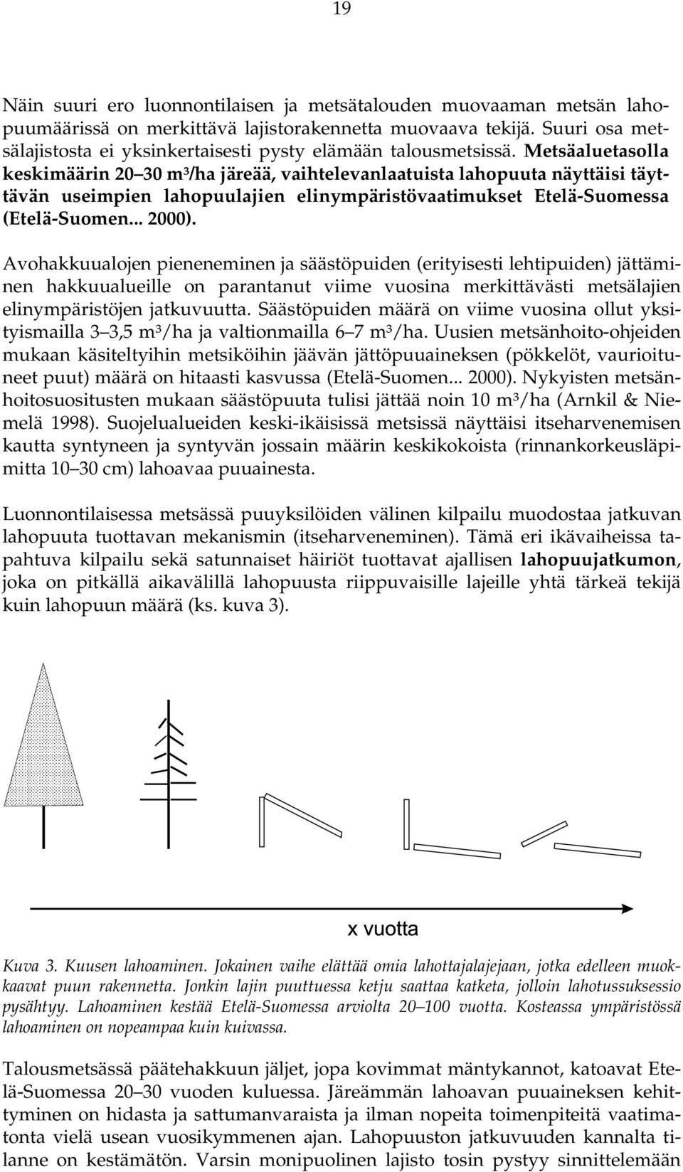 Metsäaluetasolla keskimäärin 20 30 m³/ha järeää, vaihtelevanlaatuista lahopuuta näyttäisi täyttävän useimpien lahopuulajien elinympäristövaatimukset Etelä-Suomessa (Etelä-Suomen... 2000).
