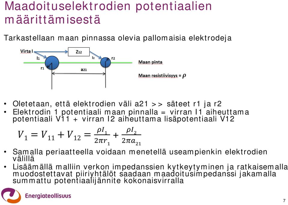 + VV 12 = ρρρρ 1 2ππrr 1 + ρρρρ 2 2ππaa 21 Samalla periaatteella voidaan menetellä useampienkin elektrodien välillä Lisäämällä malliin verkon