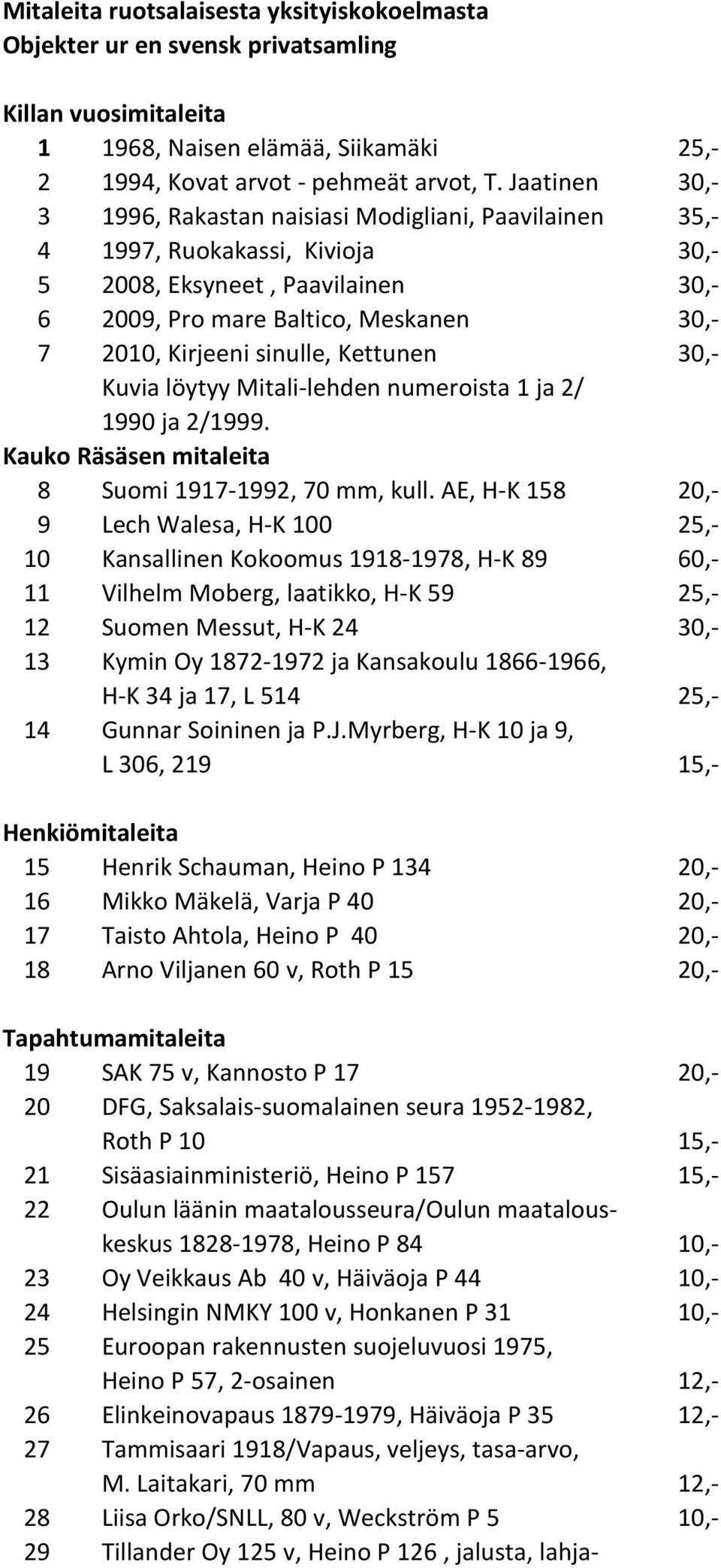 sinulle, Kettunen 30,- Kuvia löytyy Mitali-lehden numeroista 1 ja 2/ 1990 ja 2/1999. Kauko Räsäsen mitaleita 8 Suomi 1917-1992, 70 mm, kull.