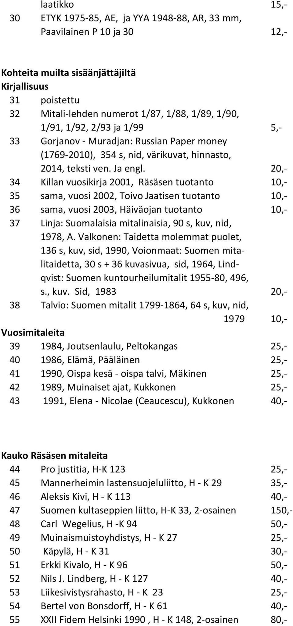 20,- 34 Killan vuosikirja 2001, Räsäsen tuotanto 10,- 35 sama, vuosi 2002, Toivo Jaatisen tuotanto 10,- 36 sama, vuosi 2003, Häiväojan tuotanto 10,- 37 Linja: Suomalaisia mitalinaisia, 90 s, kuv,